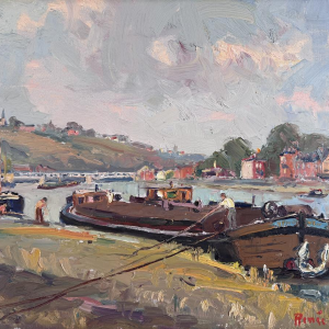 Renée PRINZ “Bootmannen op de Maas bij Namen”, olieverfschilderij op doek