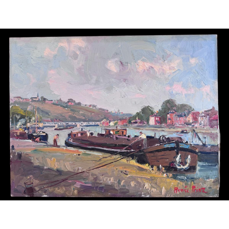 Renée PRINZ «Bateliers sur la Meuse à Namur» peinture huile sur toile