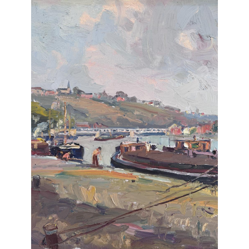 Renée PRINZ “Boatmen on the Meuse at Namur” oil painting on canvas