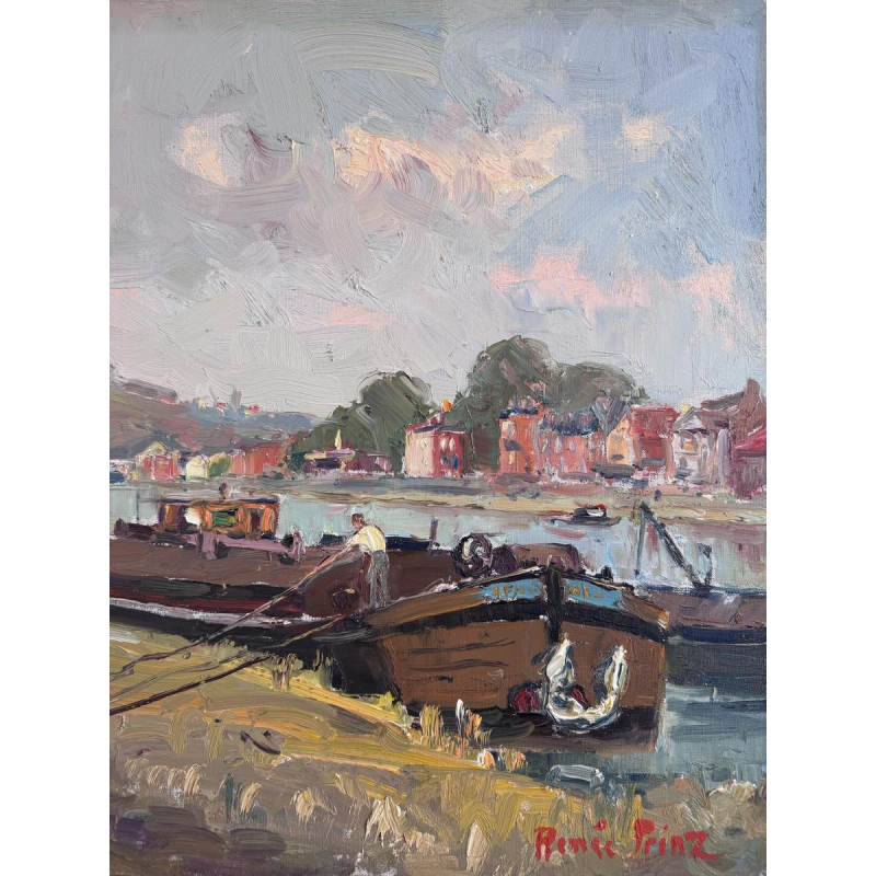 Renée PRINZ “Bootmannen op de Maas bij Namen”, olieverfschilderij op doek