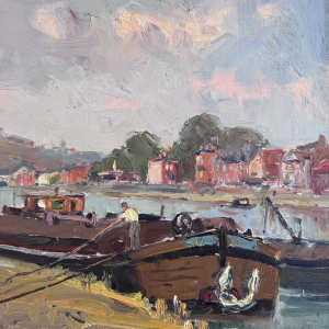 Renée PRINZ “Boatmen on the Meuse at Namur” oil painting on canvas