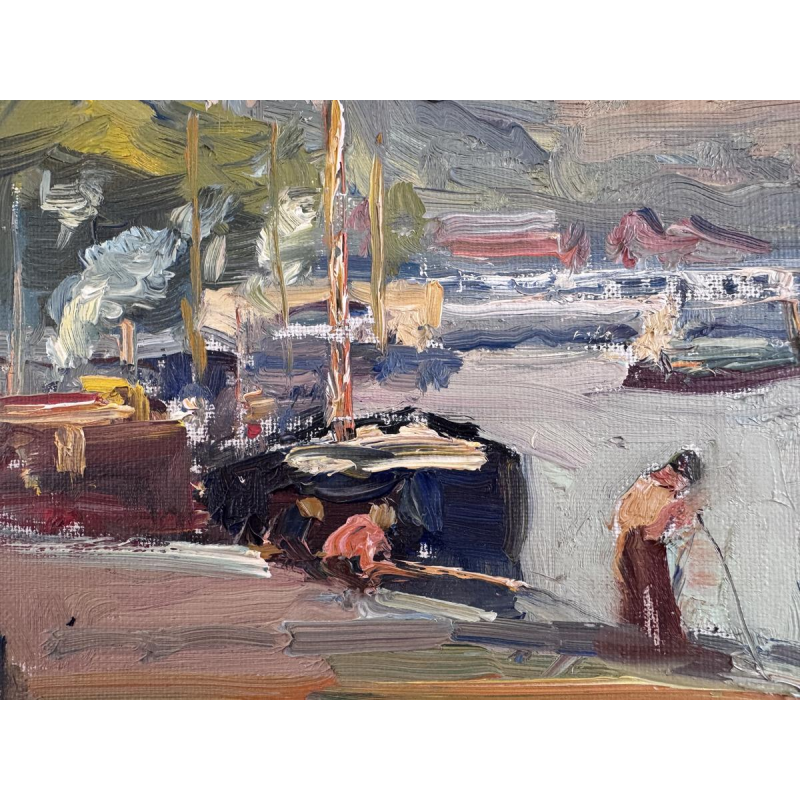 Renée PRINZ «Bateliers sur la Meuse à Namur» peinture huile sur toile