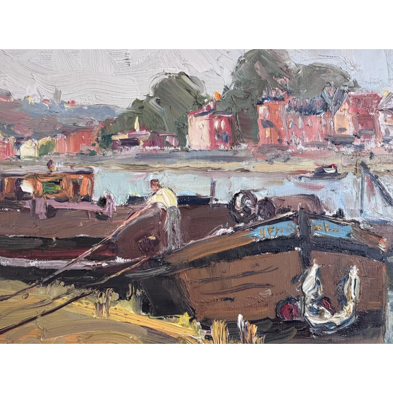 Renée PRINZ “Bootmannen op de Maas bij Namen”, olieverfschilderij op doek