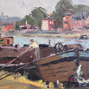Renée PRINZ “Boatmen on the Meuse at Namur” oil painting on canvas