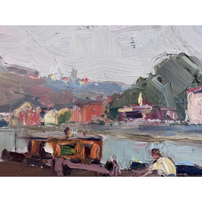 Renée PRINZ «Bateliers sur la Meuse à Namur» peinture huile sur toile