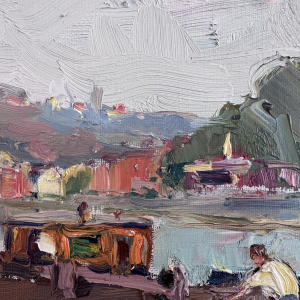 Renée PRINZ «Bateliers sur la Meuse à Namur» peinture huile sur toile