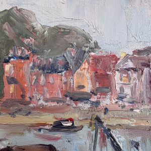 Renée PRINZ «Bateliers sur la Meuse à Namur» peinture huile sur toile