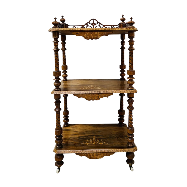 Console table with three tiers in marquetry mahogany, turned wood uprights, 19th century