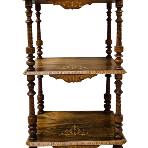 Console table with three tiers in marquetry mahogany, turned wood uprights, 19th century