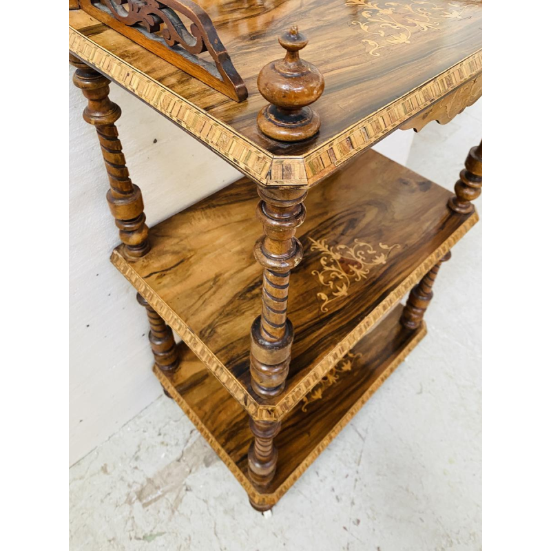 Console table with three tiers in marquetry mahogany, turned wood uprights, 19th century
