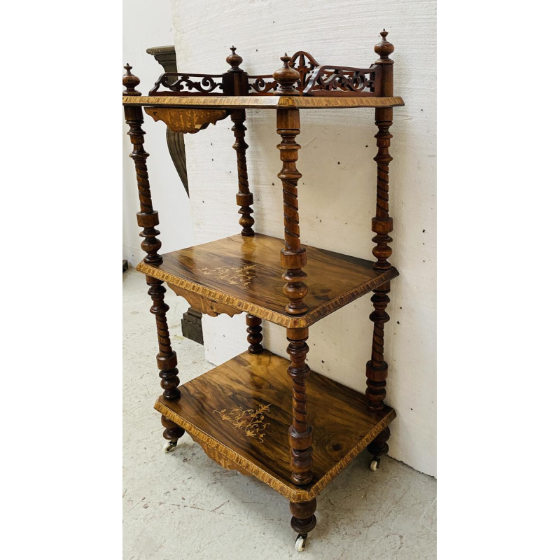 Console table with three tiers in marquetry mahogany, turned wood uprights, 19th century