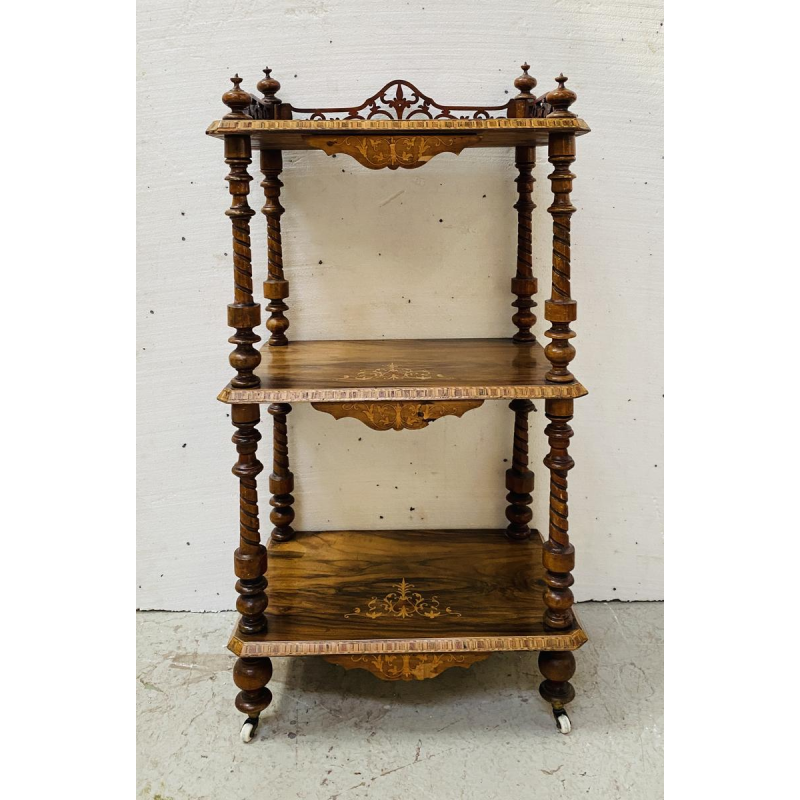 Consoletafel met drie plateaus van ingelegd mahoniehout, staanders van gedraaid hout, 19e eeuw