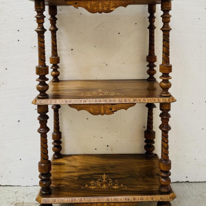 Console table with three tiers in marquetry mahogany, turned wood uprights, 19th century