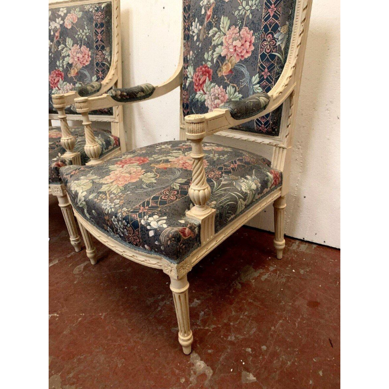 Pair of Louis XVI style armchairs, white lacquered beech and tapestry, 20th century