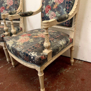 Pair of Louis XVI style armchairs, white lacquered beech and tapestry, 20th century
