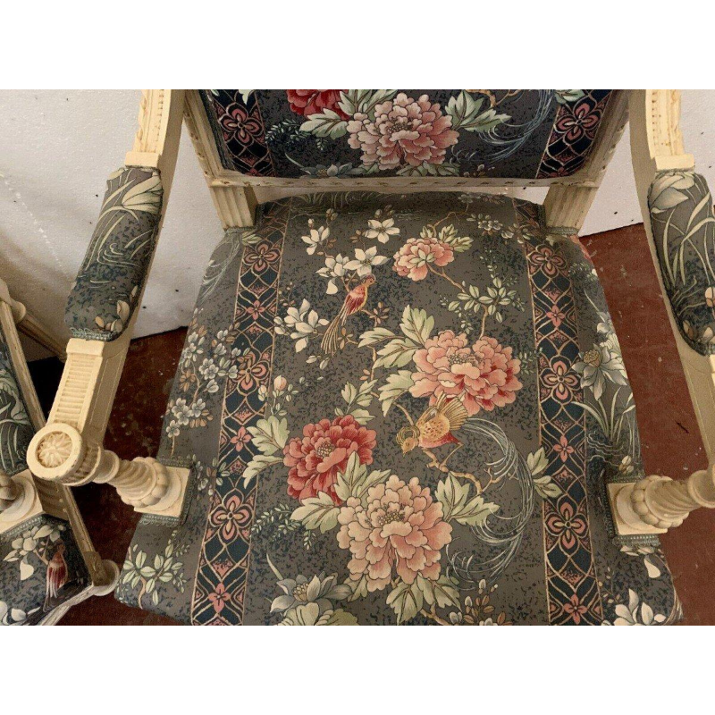 Pair of Louis XVI style armchairs, white lacquered beech and tapestry, 20th century