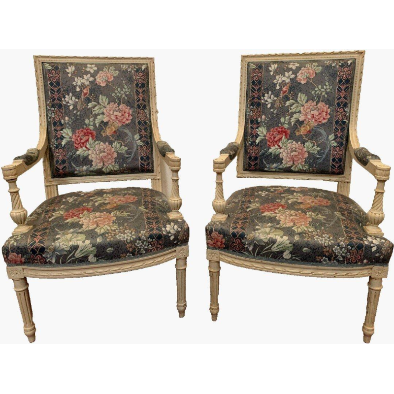 Pair of Louis XVI style armchairs, white lacquered beech and tapestry, 20th century