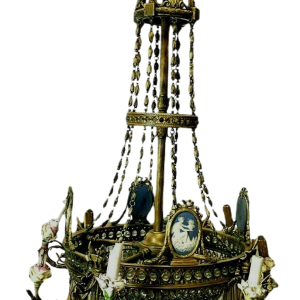 Lustre Louis XVI, bronze - porcelaine Wedgwood - pendeloques de cristal, XIXᵉ siècle