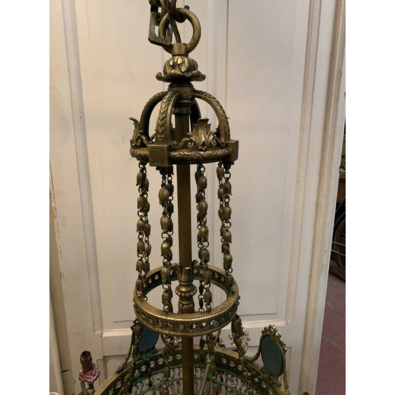 Louis XVI chandelier, bronze - Wedgwood porcelain - crystal pendants, 19th century