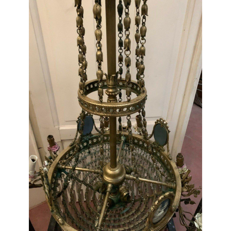 Louis XVI chandelier, bronze - Wedgwood porcelain - crystal pendants, 19th century