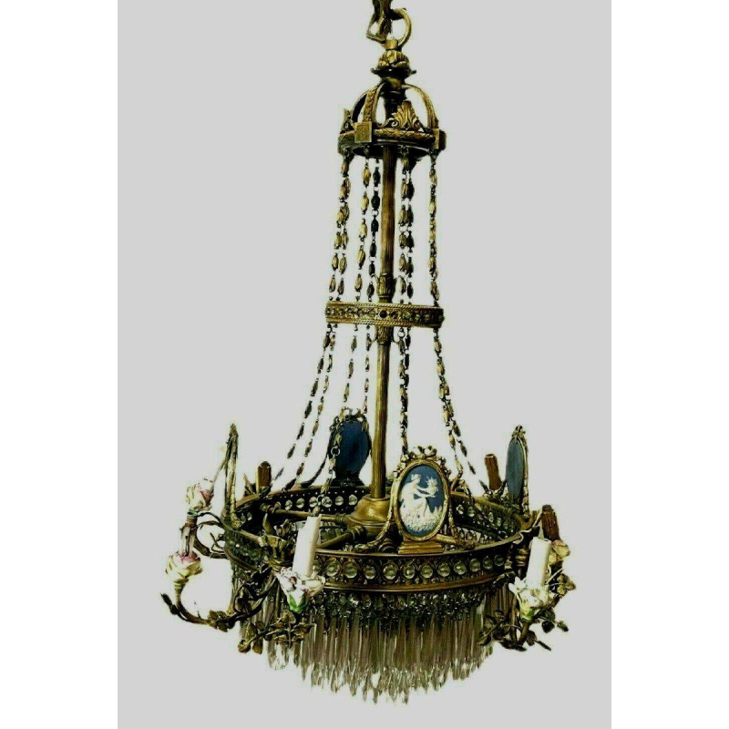 Louis XVI chandelier, bronze - Wedgwood porcelain - crystal pendants, 19th century